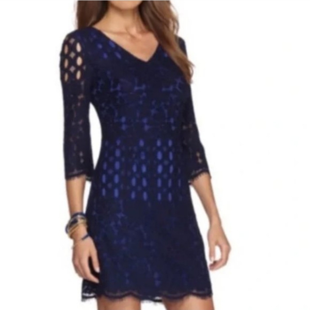 Blue Lace Macon Dress size 4 Lily Pulitzer Bodycon 3/4 Sleeve Eyelash Fringe